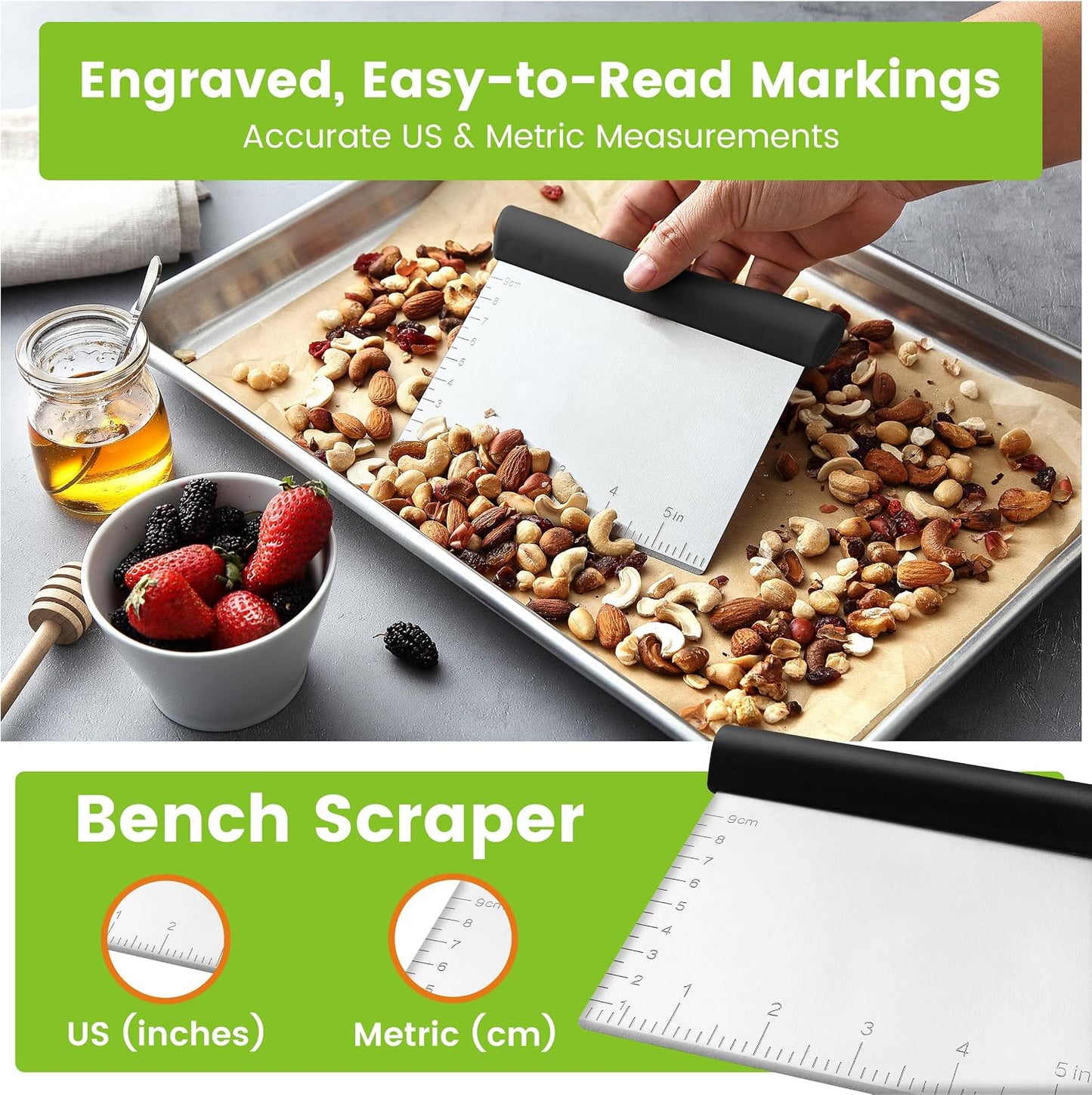 Spring Chef Dough Bench Scraper for Baking with Markings - Stainless Steel Kitchen Dough Cutter Tool with Bowl Pastry Scraper for Pizza, Bread, Pastries - Bench Knife - Dishwasher Safe - Black