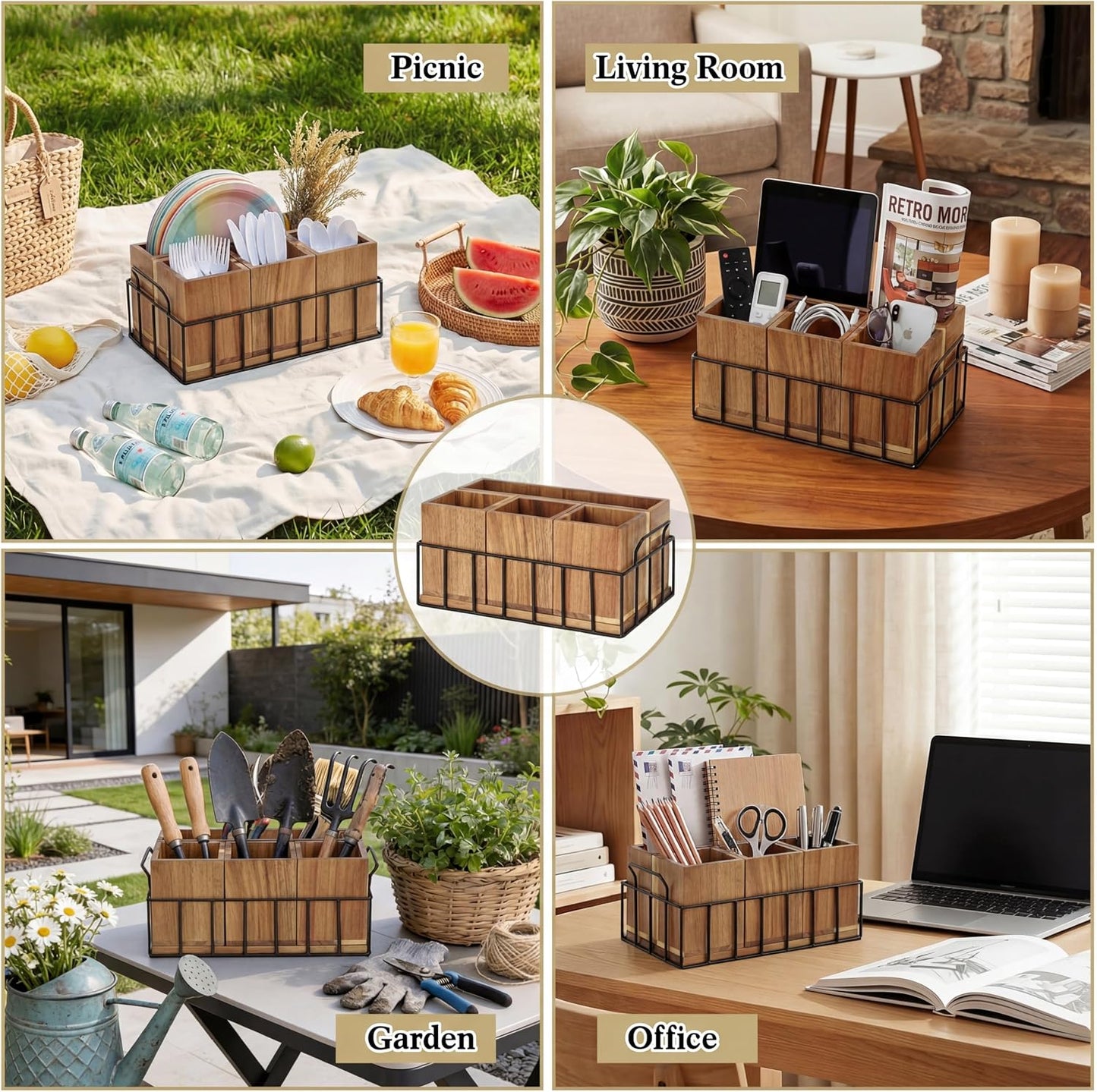 Silverware Holder for Party, Acacia Utensil Holder with 4 Removable Compartments for Countertop, Silverware Caddy Flatware Organizer Box for Utensil Spoons Forks Plate Napkin, Detachable Sevring Caddy