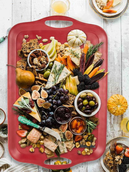 ECOIOU Extra Large Serving Tray with Handles, 20x13 inch, Set of 2 Melamine Platters for Serving Food, Turkey, Cookie, Rectangular Trays for Eating, Raised Dots Matt Finished, Dishwasher Safe, White