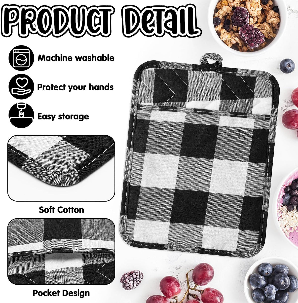 R HORSE 6Pcs Black Pot Holders with Pocket for Kitchen, 7''x 9''