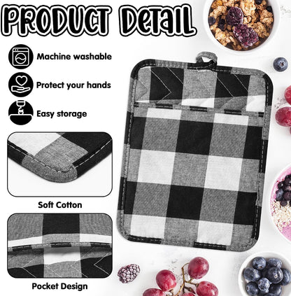 R HORSE 6Pcs Black Pot Holders with Pocket for Kitchen, 7''x 9''