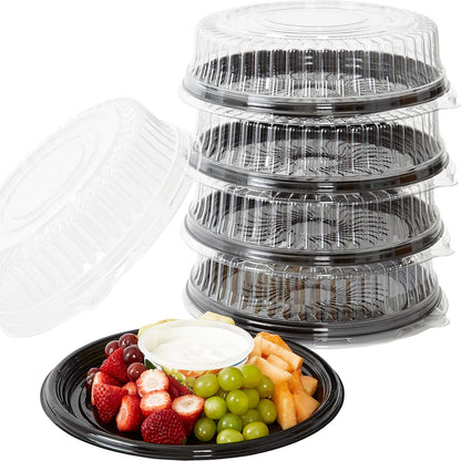 Avant Grub Heavy Duty, Recyclable 12 in. Serving Tray and Lid 5pk. Large, Black Plastic Party Platters with Clear Lids Dishware Plate, Elegant Round Banquet or Catering Trays for Serving Appetizers
