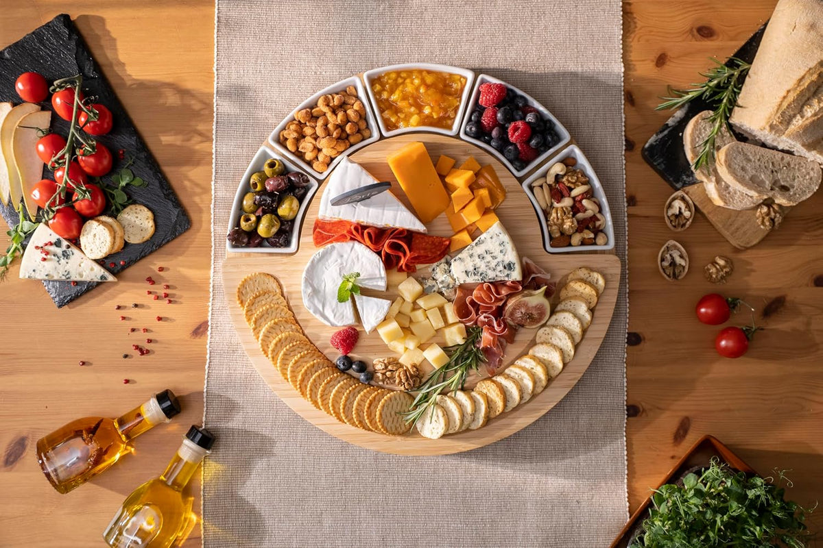 ChefSofi Charcuterie Board Set and Cheese Serving Platter - Made from Bamboo Wood - US Patented 13 inch Cheese Board and Knife Set for Entertaining and Serving - 4 Knives and 4 Bowls