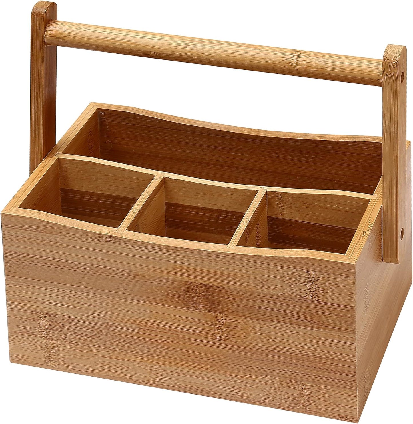 YBM HOME Bamboo Flatware Utensil Caddy with Napkin Holder and Handle, Wood Picnic Basket for Kitchen and Camping Trip, 336