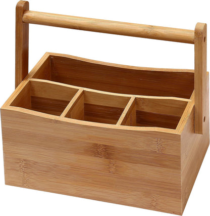 YBM HOME Bamboo Flatware Utensil Caddy with Napkin Holder and Handle, Wood Picnic Basket for Kitchen and Camping Trip, 336
