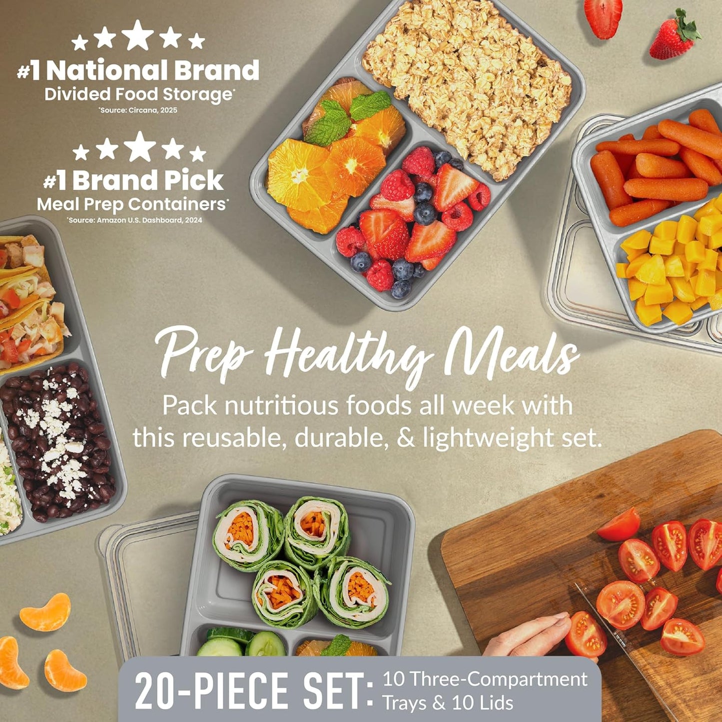 Bentgo Prep - 20-Piece 3-Compartment Reusable Meal Prep Containers with Lids, PFAS & BPA Free Materials, Durable, Microwave, Freezer, & Dishwasher Safe To Go Food Storage (Stone Gray)