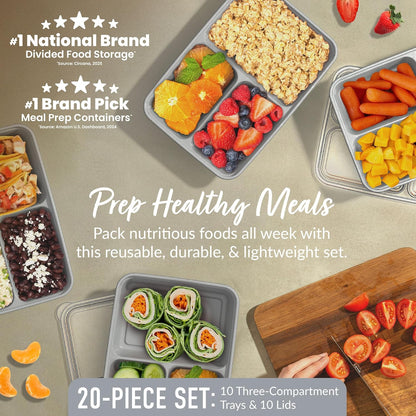 Bentgo Prep - 20-Piece 3-Compartment Reusable Meal Prep Containers with Lids, PFAS & BPA Free Materials, Durable, Microwave, Freezer, & Dishwasher Safe To Go Food Storage (Stone Gray)