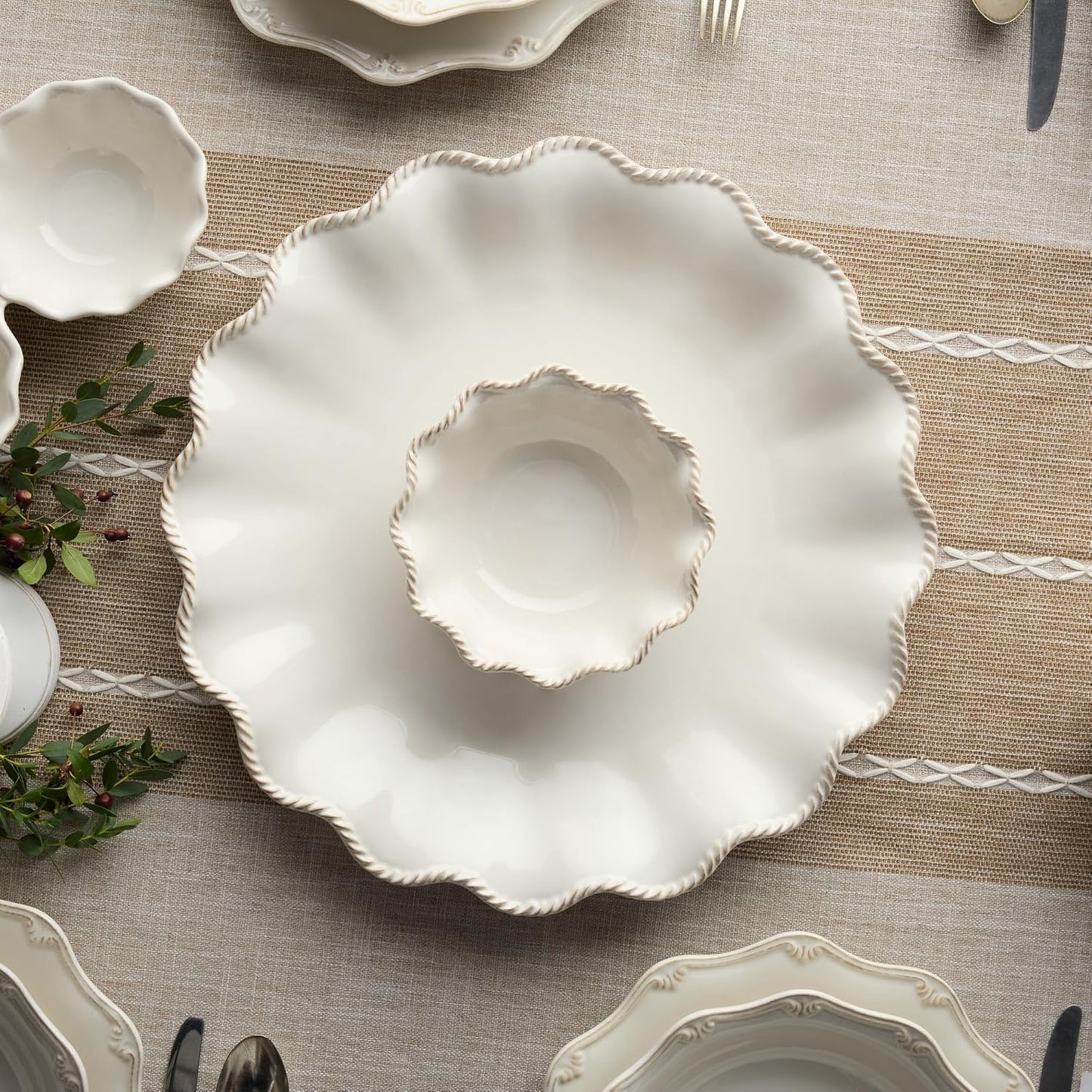 Heritage Ivory Stoneware Chip & Dip Set, 2-Piece – 15” Scalloped Serving Platter with 6” Dip Bowl (14oz) – Elegant Ripple-Edge Design for Entertaining, Snacks, & Appetizers