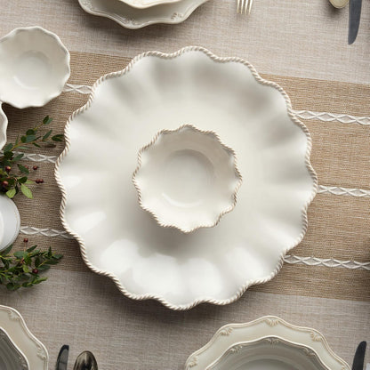 Heritage Ivory Stoneware Chip & Dip Set, 2-Piece – 15” Scalloped Serving Platter with 6” Dip Bowl (14oz) – Elegant Ripple-Edge Design for Entertaining, Snacks, & Appetizers