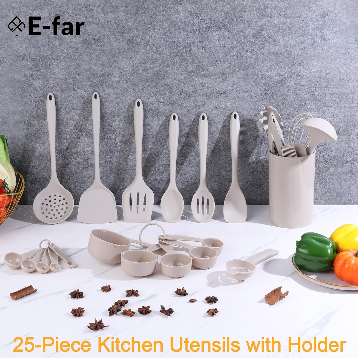 E-far Silicone Cooking Utensils Set, 25 Piece Kitchen Utensils with Holder, Non Toxic Kitchen Tools Spatula, Turner, Spoon, Ladle for Nonstick Cookware, Heat Resistant & Dishwasher Safe - Black