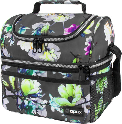 opux Insulated Lunch Bag for Men Women, Double Decker Leakproof Lunch Box Cooler Tote with Shoulder Strap, Large Lunchbox for Work School Travel Meal Prep, Adults Kids Boys Girls, Green, 16 Cans