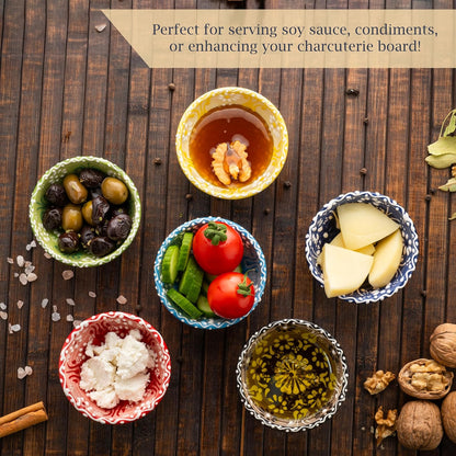 Ceramic Small Dipping Bowls Set of 6, 3.5 Oz Soy Sauce Dish, Handmade Charcuterie, Colorful Pinch, Dishwasher & Microwave Safe, 3.2'' Mini (SULTAN'S GARDEN)
