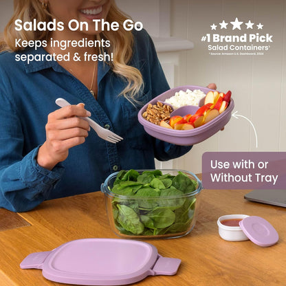 Bentgo Glass Salad Container - 7.6-Cup Salad Bowl with Airtight Lid, Leak-Proof Sauce Container, 4-Compartment Bento Tray & Reusable Fork - BPA-Free for Meal Prep, Office & More (Light Blue)