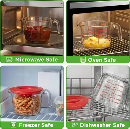 NutriChef 1,2 and 4 Cups Glass Measuring Cup Set with Lids (8, 17 and 34 oz) - Heat-Resistant Borosilicate Liquid Measure Cups with Easy-Read Scale for Cooking, Baking & Food Storage, Dishwasher Safe