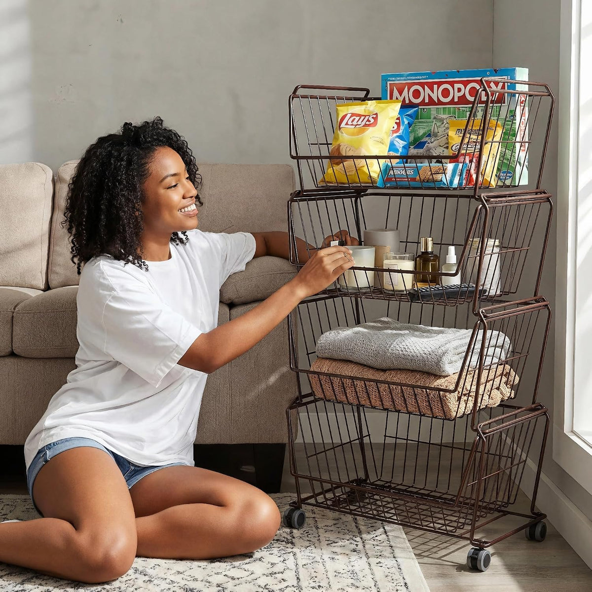 PUSDON 4-Tier Spacious Stackable Wire Storage Baskets with Wheels, Metal Rolling Utility Cart Organizer, Fruit and Vegetable Produce Basket for Kitchen Pantry, Everyday Bathroom Shelf, Silver Grey