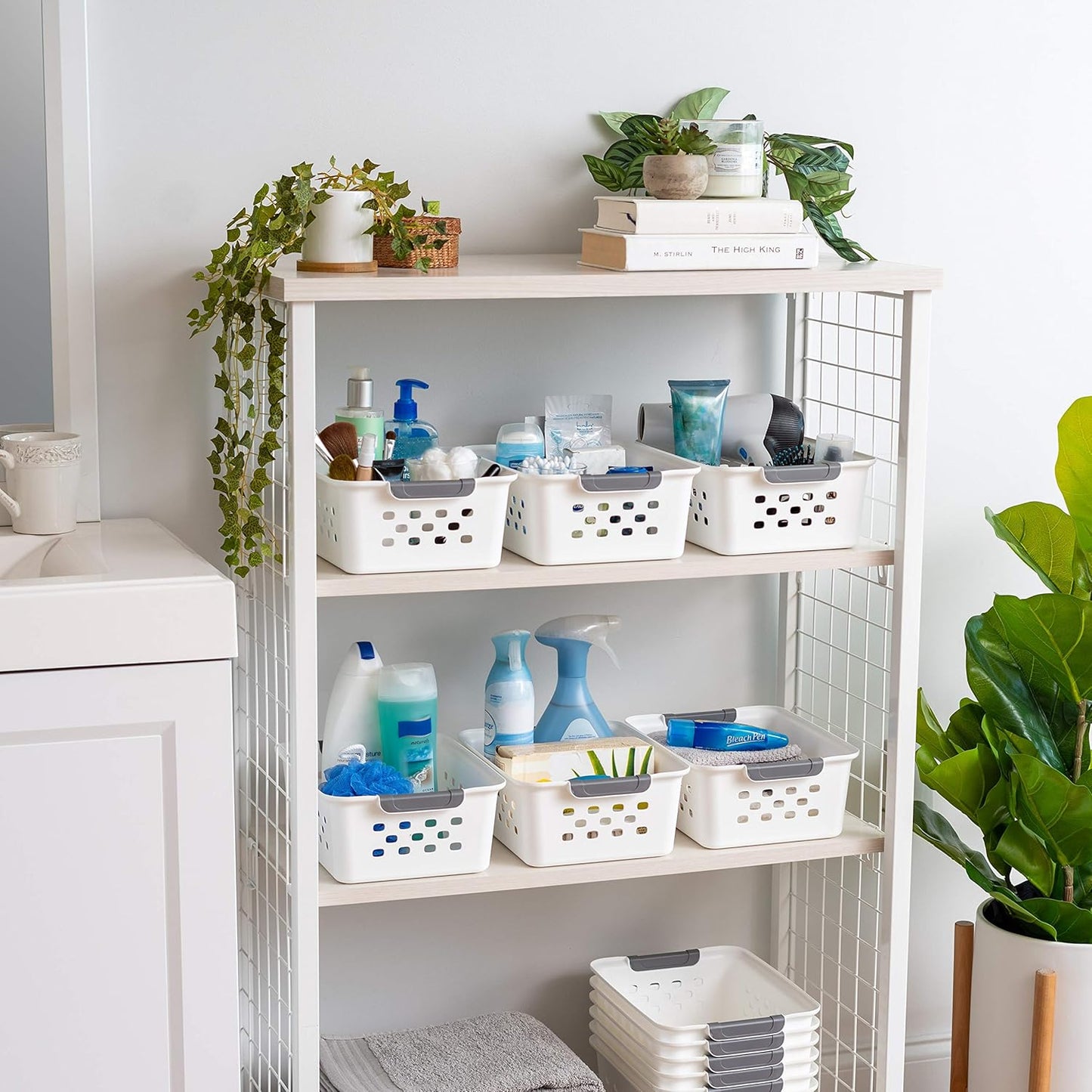 IRIS USA Plastic Storage Baskets, 6-Pack, Made in USA, Shelf Baskets Small Baskets Organizing Bins for Pantry Countertops Closet Shelves Laundry Room Office, Multi-Purpose, Nestable, Easy Carry, Black