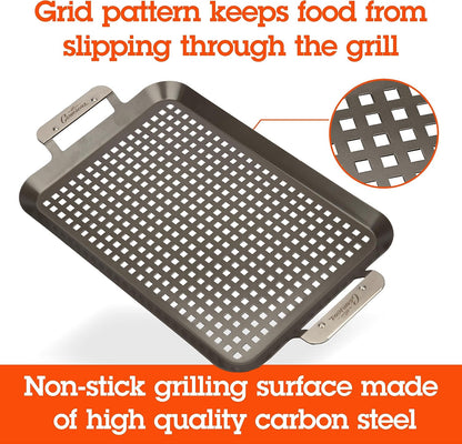 Camerons BBQ Grill Topper Grilling Pans (Set of 2)- Non-Stick Barbecue Trays w Stainless Steel Handles - Indoor Outdoor use for Barbecue & Smoked Meat, Vegetables & Seafood- Grill Gift for Fathers Day