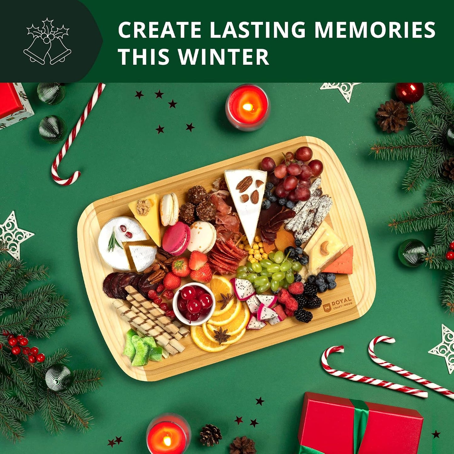 ROYAL CRAFT WOOD Wooden Cutting Boards for Kitchen Meal Prep & Serving - Bamboo Wood Serving Board Set with Deep Juice Groove Side Handles - Charcuterie & Chopping Butcher Block for Meat