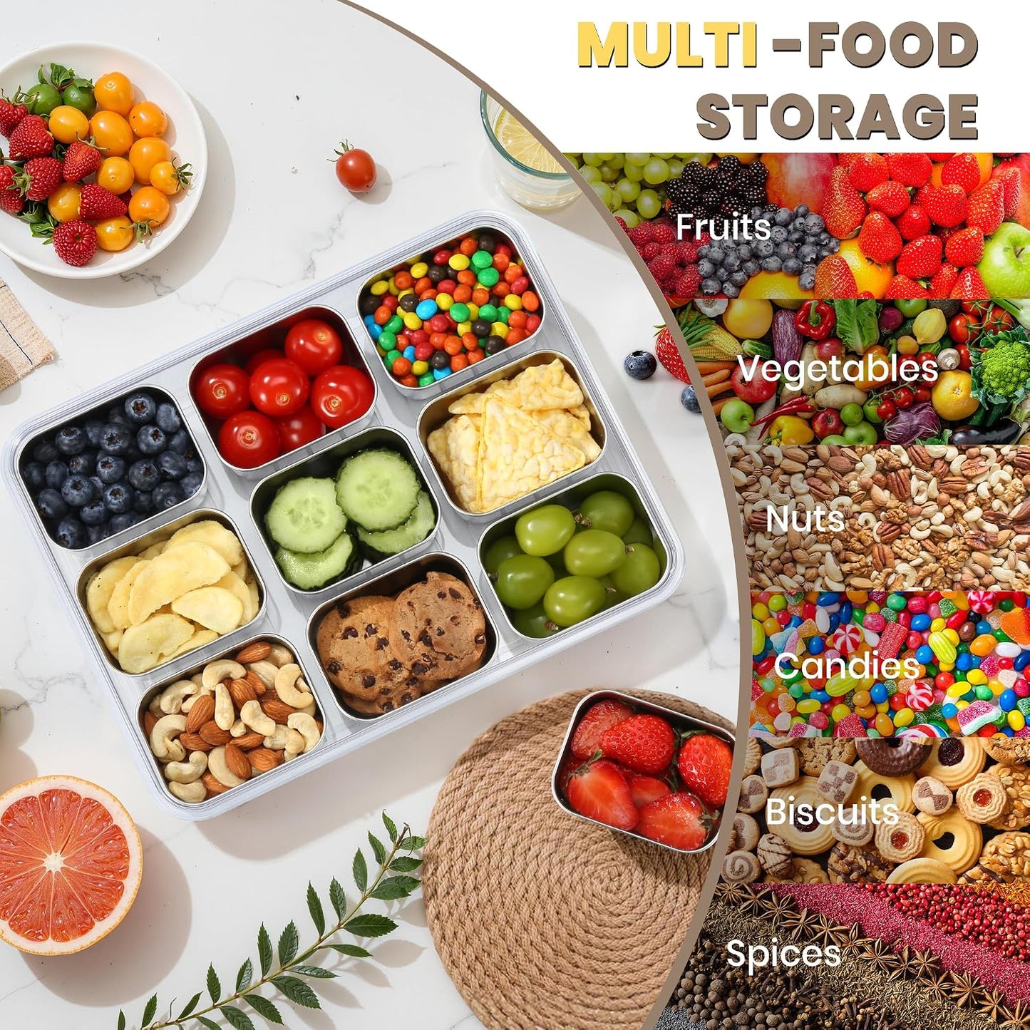 Snackle Box Container, Stainless Steel Snack Containers for Adults, 9 Compartments Divided Serving Tray with Lids and Handle, Portable Snack Platter for Parties, Grey