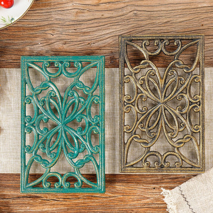 Sungmor 2 Pack Gold Cast Iron Trivets, Rectangle Ornate Scrollwork Trivets
