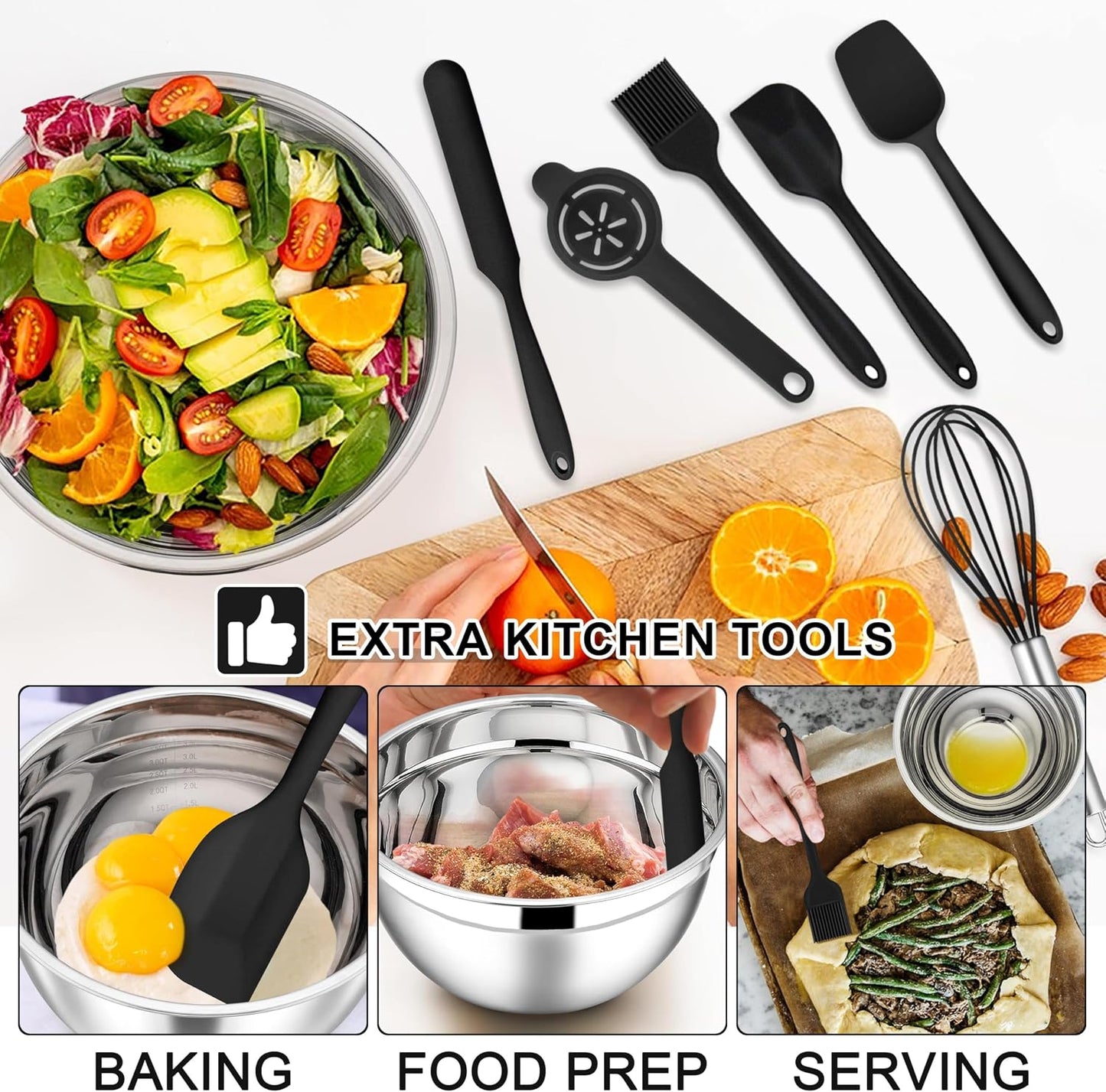 E-far Stainless Steel Mixing Bowls with Lids Set, 5-Piece Nesting Salad Bowls with 3 Grater Attachments and Non-Slip Bottoms, Size 4.6, 2.6, 2, 1.5, 1QT for Kitchen (Khaki)