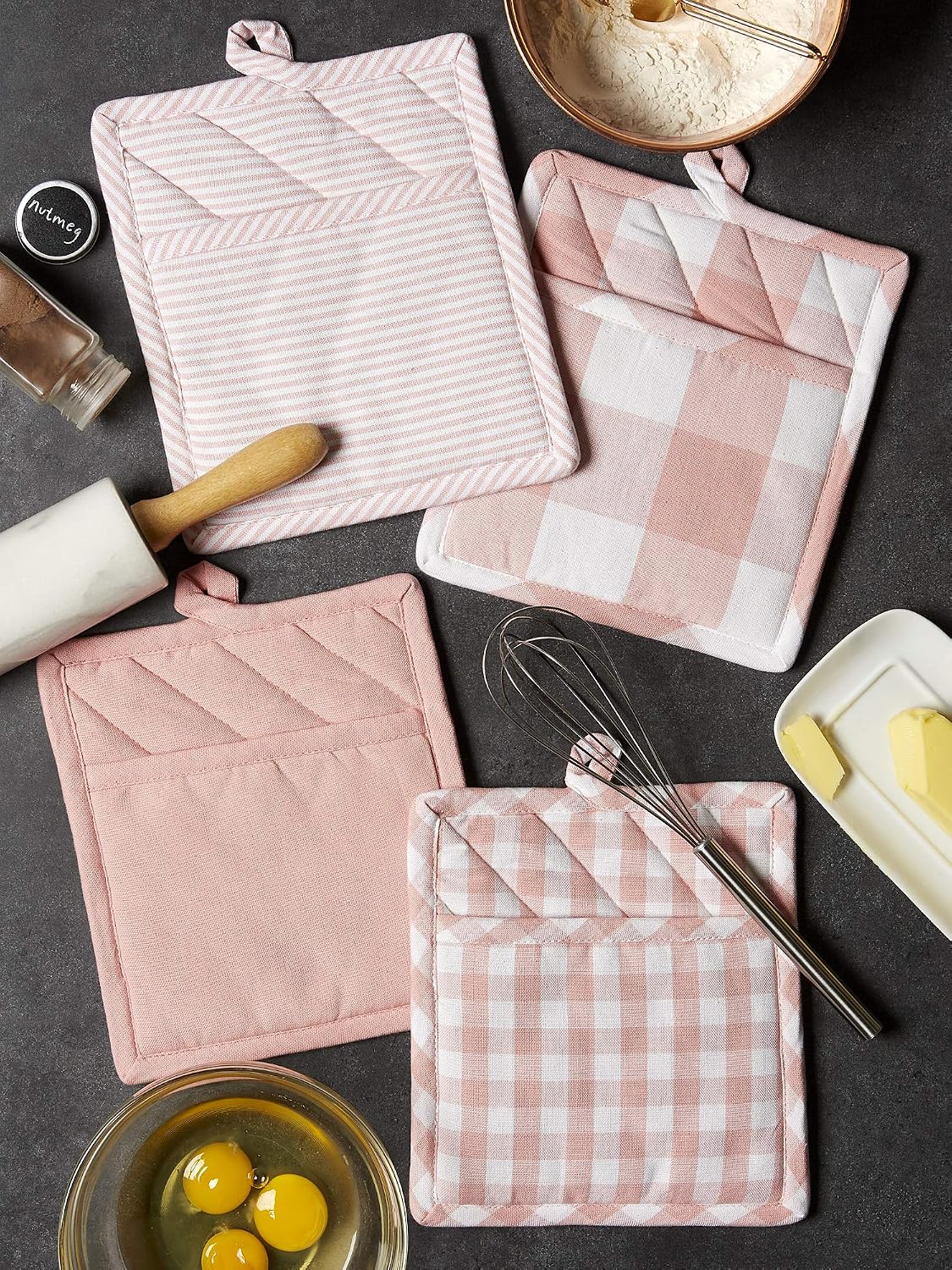 DII Gingham Check Kitchen Collection, Pink, Potholder Set