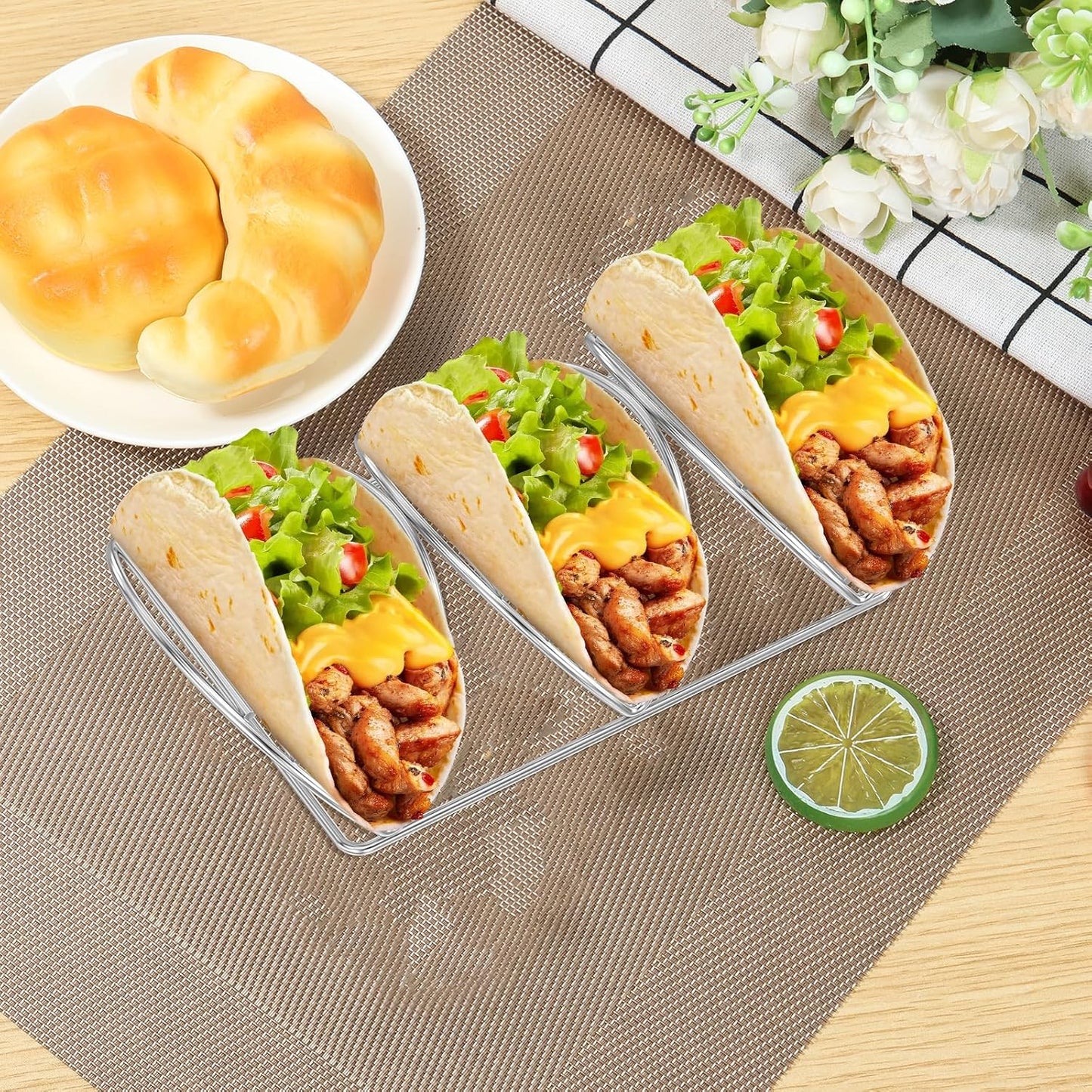 Stainless Steel Taco Holder Stand Set of 2, Taco Trays, Taco Stands for 3 Tacos, Oven Safe for Baking, Dishwa sher and Grill Safe, Taco Bar Serving Set for a Party