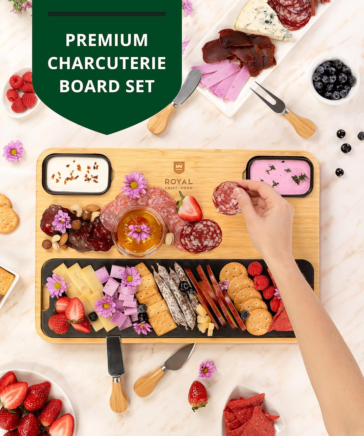 ROYAL CRAFT WOOD Premium Bamboo Charcuterie Board Set - Cheese Platter & Serving Tray & Serving Utensils - Perfect Housewarming Gift, Wedding, Bridal Shower Gift - Ideal for Entertaining and New Home