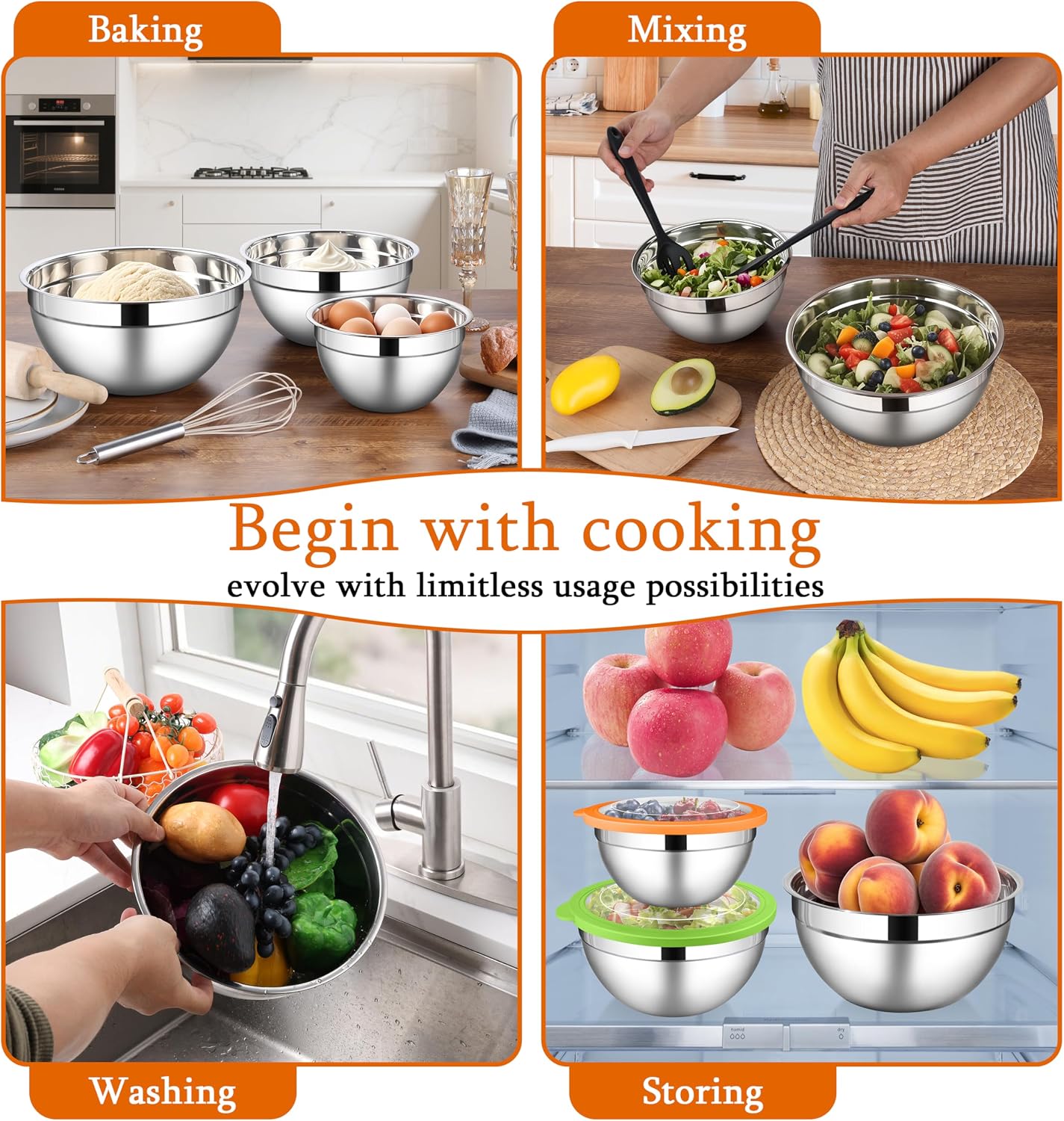 LIANYU Mixing Bowls with Airtight Lids Sets, 3 Packs Stainless Steel Metal Mixing Bowls, Ideal for Prepping, Cooking, Storage, Serving, Freezer & Dishwasher Safe, Khaki