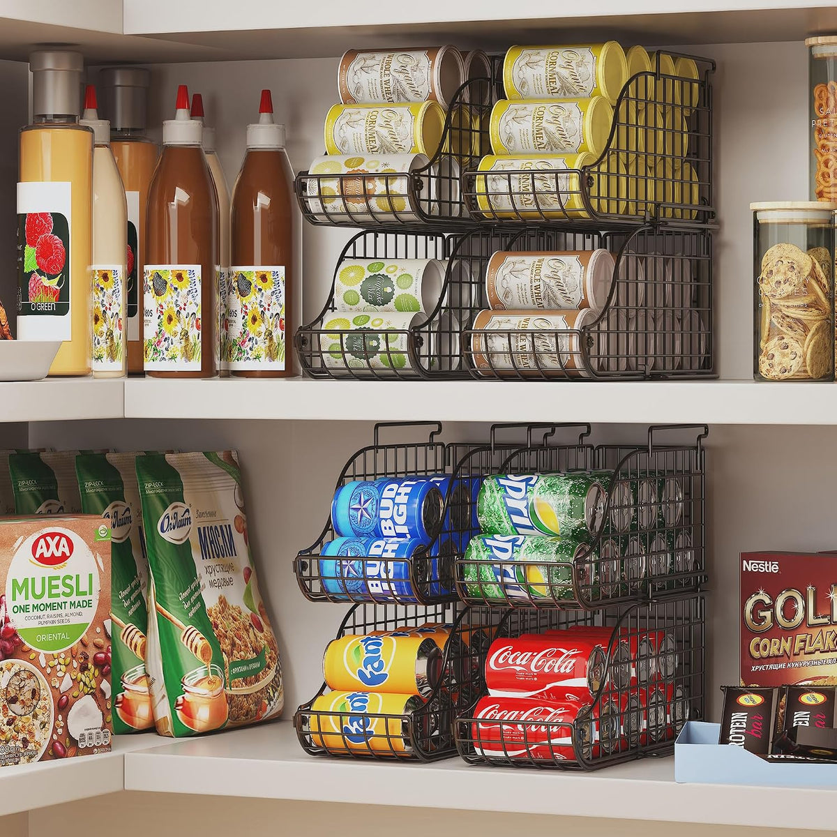 Sonyabecca 4-Pack Stackable Canned Food Organizer with Handles, Soda Can Organizer for Kitchen Pantry Shelves, Foldable Wire Cabinet Shelf for Can Storage, Patent Pending, Black