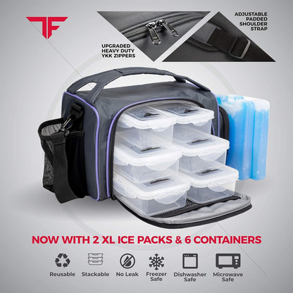 ThinkFit Insulated Meal Prep Lunch Box with 6 BPA-Free, Reusable, Microwavable, Freezer Safe Food Portion-Control Containers, Shaker Cup, Pill Organizer, Lunch Bag with Storage Pocket - (Black)