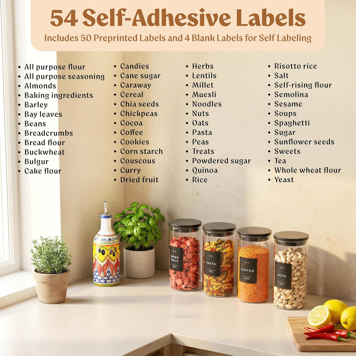 EDELHAUS 2x Large Glass Storage Containers with Airtight Black Lids [135oz/4000ml] | Extra Thick Glass Canisters for Pantry + 63 Labels | Flour Rice Cereal Sugar Coffee Beans Tea