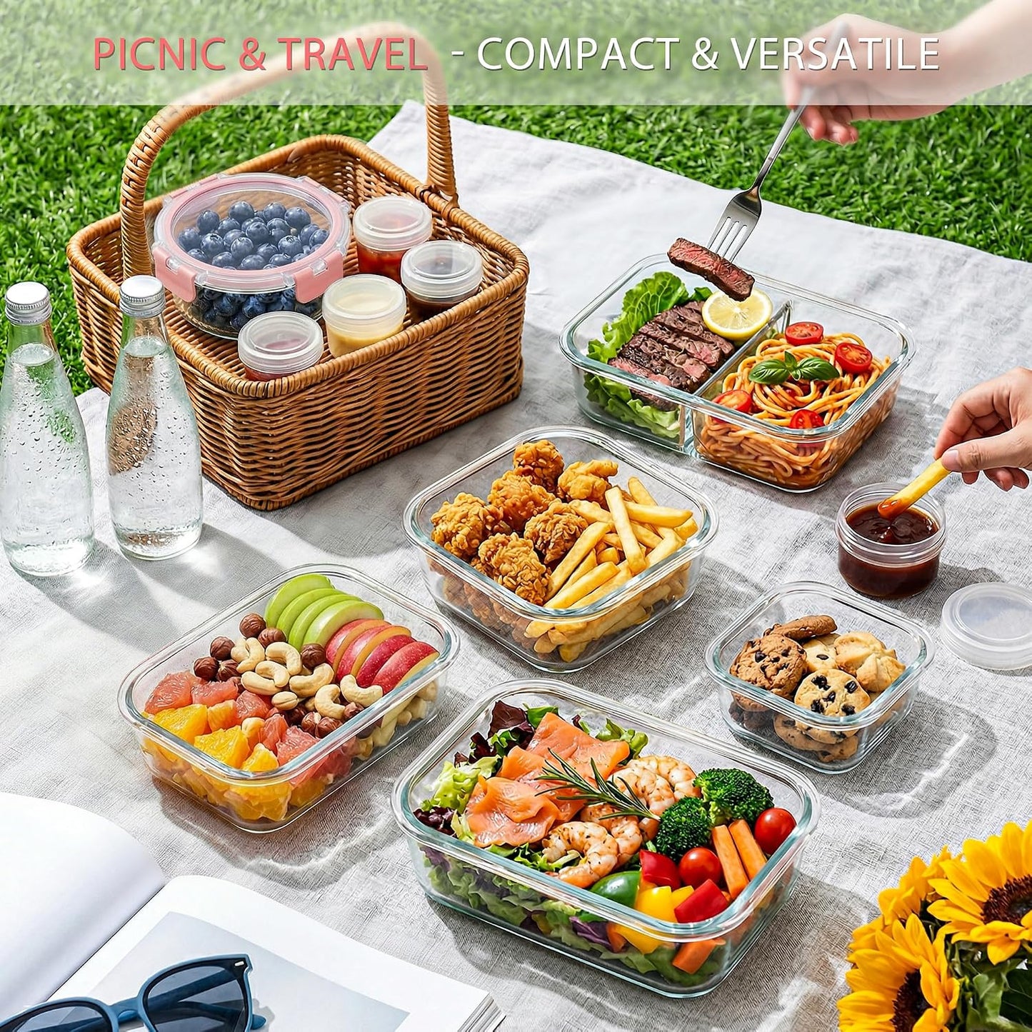 AMALEKO 42pcs Glass Food Storage Containers with Snap Locking Lids Set, Glass Meal Prep Containers (21 Container & 21 Lids),Leak Proof Lunch Containers BPA-Free,Black