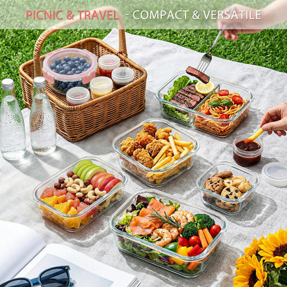AMALEKO 42pcs Glass Food Storage Containers with Snap Locking Lids Set, Glass Meal Prep Containers (21 Container & 21 Lids),Leak Proof Lunch Containers BPA-Free,Black