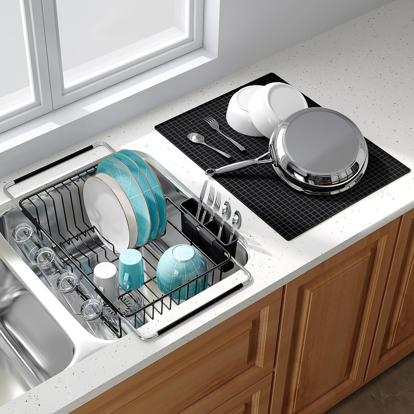 JASIWAY Dish Drying Rack in Sink, Dish Drainer with Cup and Utensil Holder