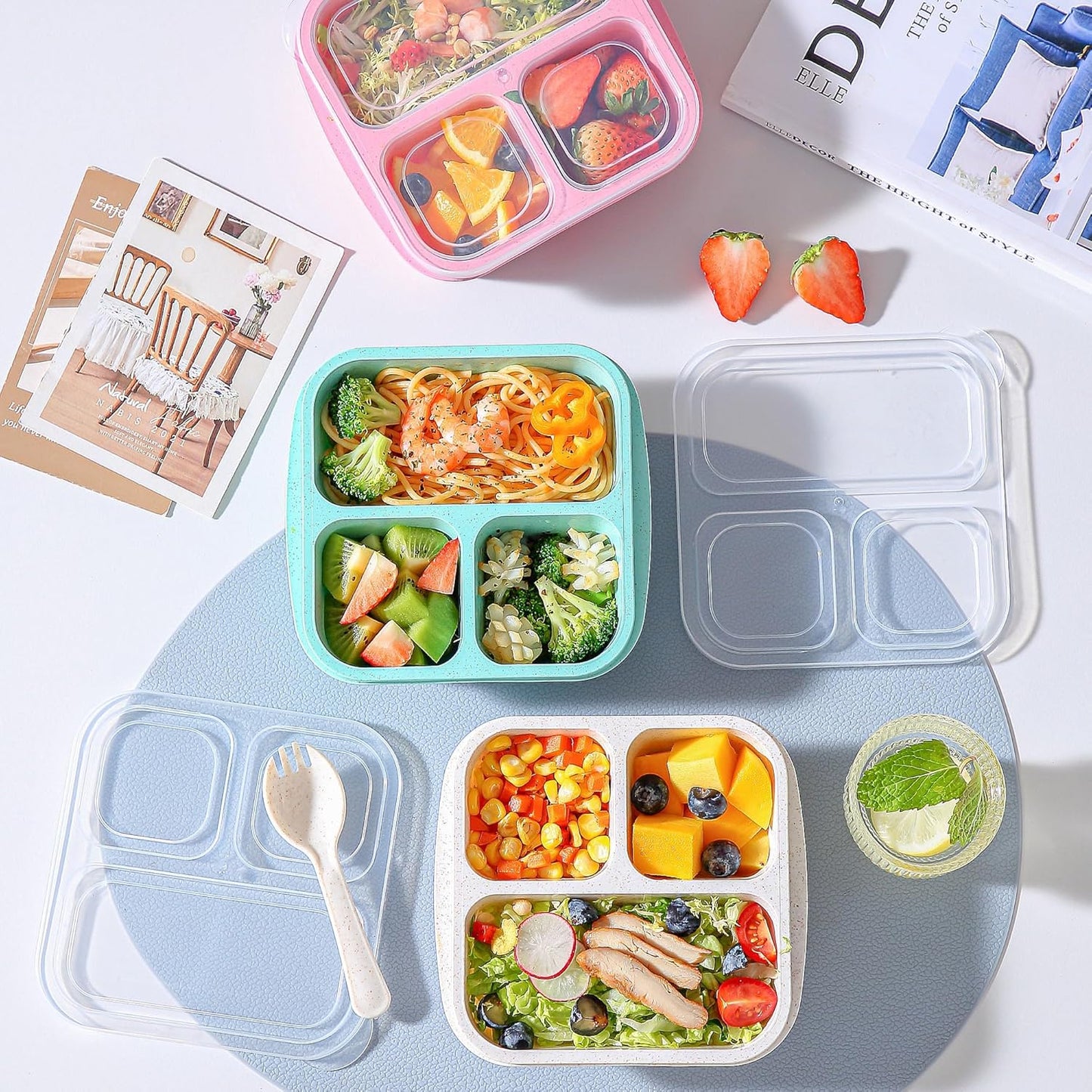 Bento Box For Kids, 4 Pack 3 Compartments Lunchable Meal Prep Containers Lunch Containers, Reusable Snack Containers with Lids, Snack Boxes for School, Work, and Travel