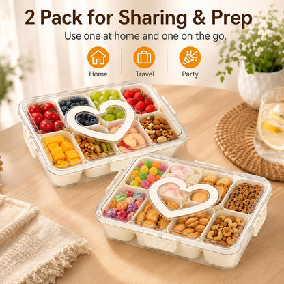 2 Pack Snackle Box Container with 8 Removable Compartments, Portable Snack Tray with Lid and Handle for Travel, Camping, Picnic, Party, Game Day & Movie Night