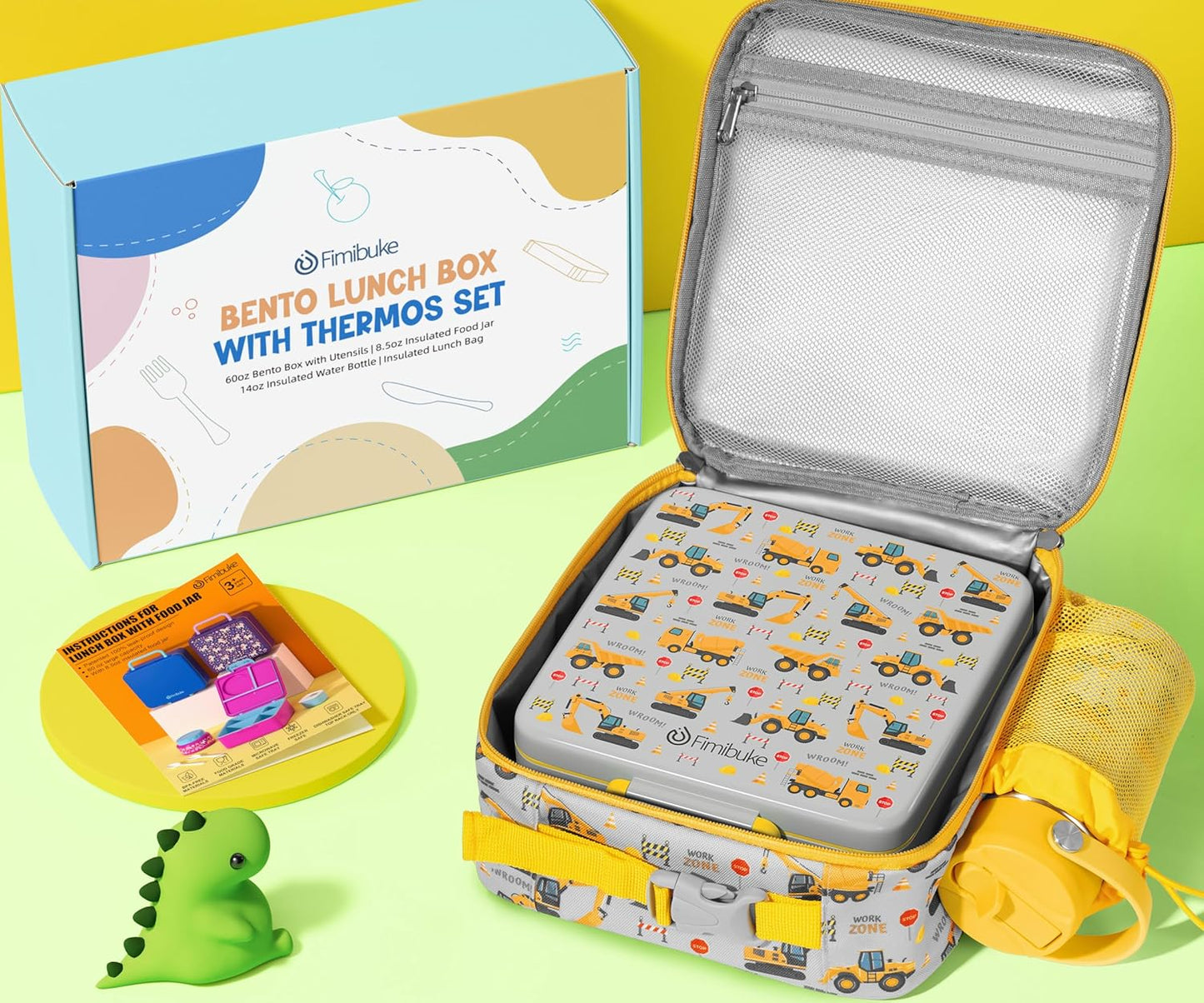 Fimibuke Bento Box for Kids Adult - Leakproof 3-4 Compartments Lunch Bento Box Set with Insulated Food Jar, Water Bottle, Lunch Bag, Sauce Cup & Cutlery for Toddler Teen Shcool Girl Boy Age 3+