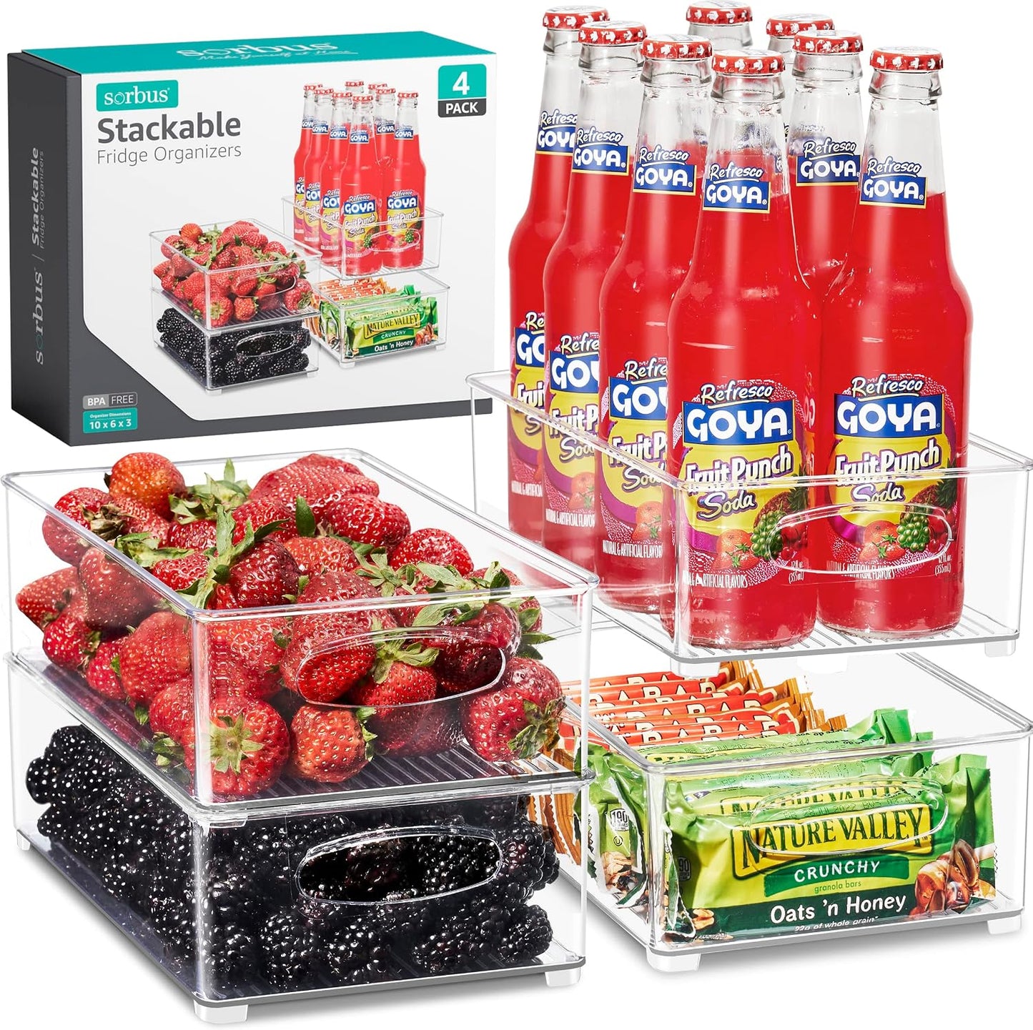 Sorbus Stackable Refrigerator Organizer Bins - Set of 4 Clear Storage Bins for Kitchen Pantry, Freezer & Fridge Organization - Food Organizing Plastic Containers with Handles for Countertops & Drawers