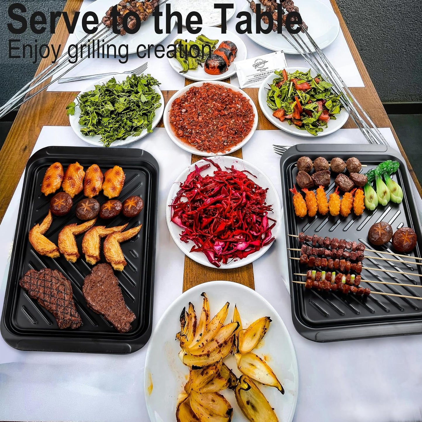 KAQAHIDO Grilling Prep and Serve Trays, BBQ Platter for Raw Meat Marinating and Finished Cooked Food, Melamine Serving Tray, Set of 2, Cleaning Pack Included