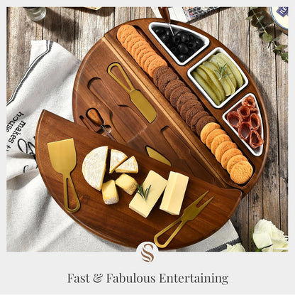 Shanik Acacia Wood Lazy Susan Cheese Board Set – Rotating Charcuterie Platter, Elegant Serving Tray for Appetizers, Snacks, Parties & Weddings