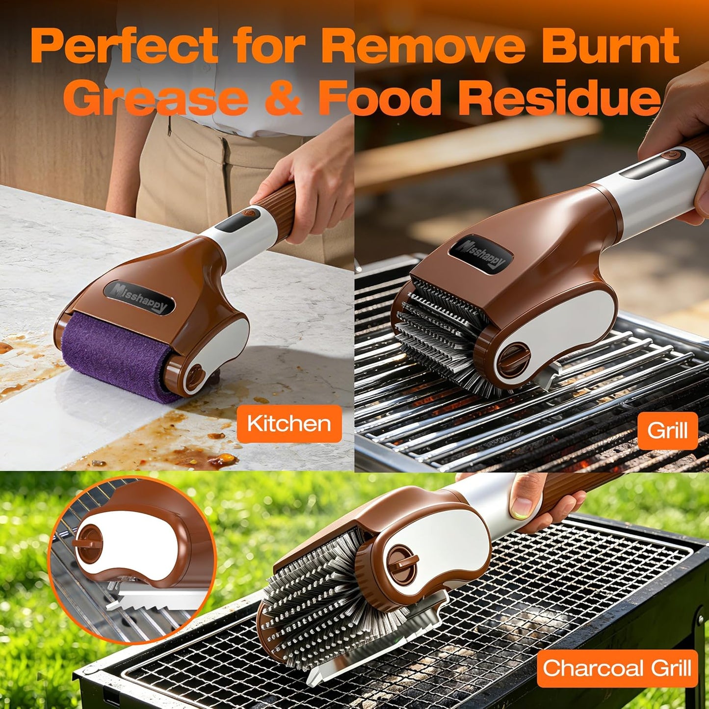 Misshappy Electric BBQ Grill Brush - 4000mAh Cordless BBQ Grill Cleaner 2 Speed - 800RPM Bristle Free Electric Grill Cleaner for Outdoor Grill Rechargeable with Scraper/LED Light/LED Display (Brown)
