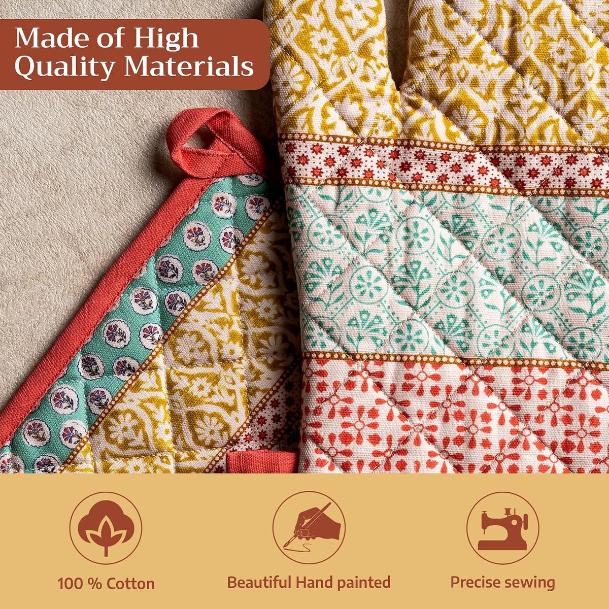 Maison d' Hermine 100% Cotton Oven Mitt & Pot Holder Set (7.5"x13" & 8"x8") - Colors C
