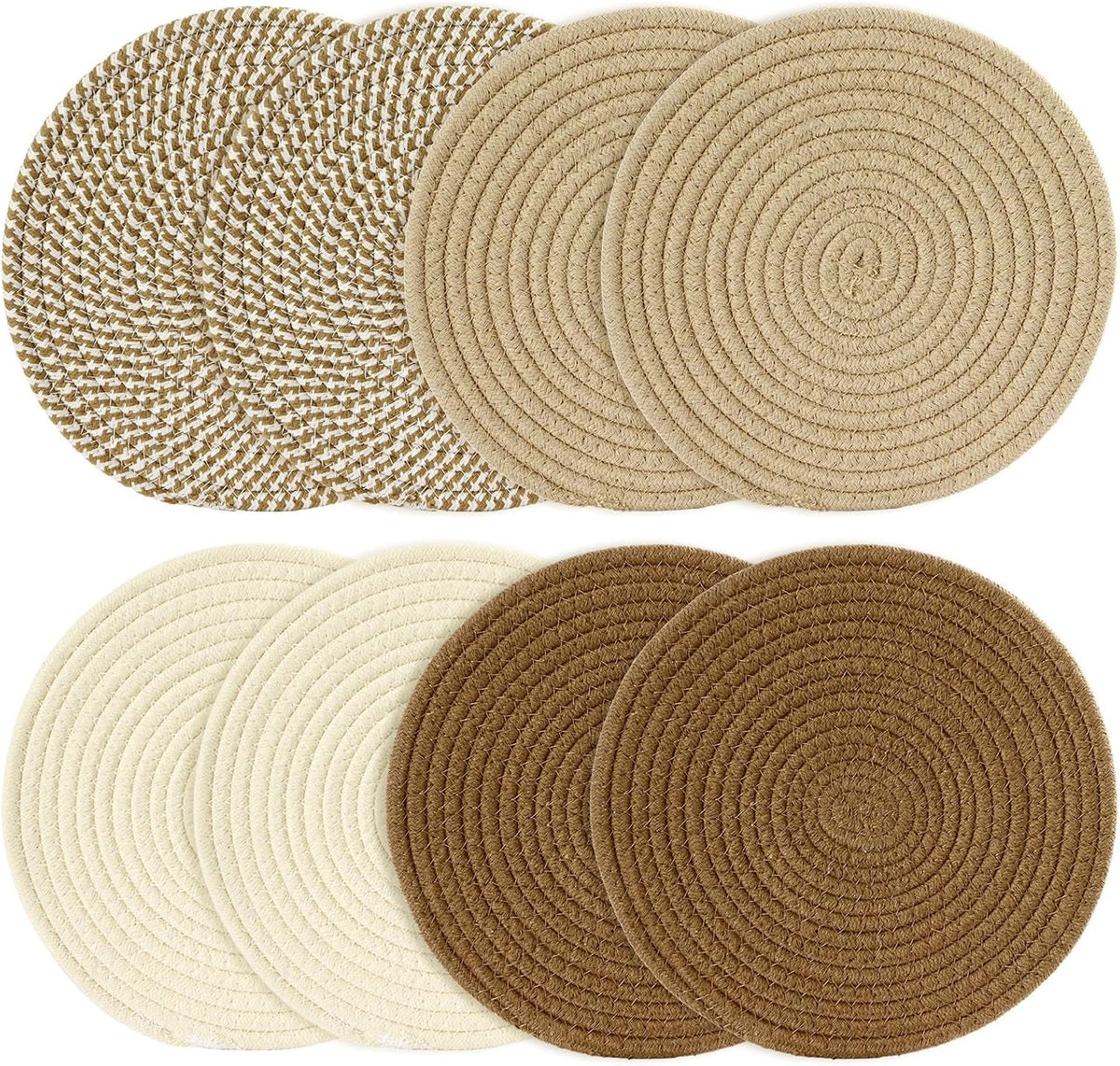 8 Inch Cotton Rope Trivets for Hot Dishes Set of 8 Heat Resistant Mats for Countertop Potholders for Kitchens Trivets for Hot Pots and Pans and Quartz Countertops Farmhouse Kitchen Décor, Mixed Brown