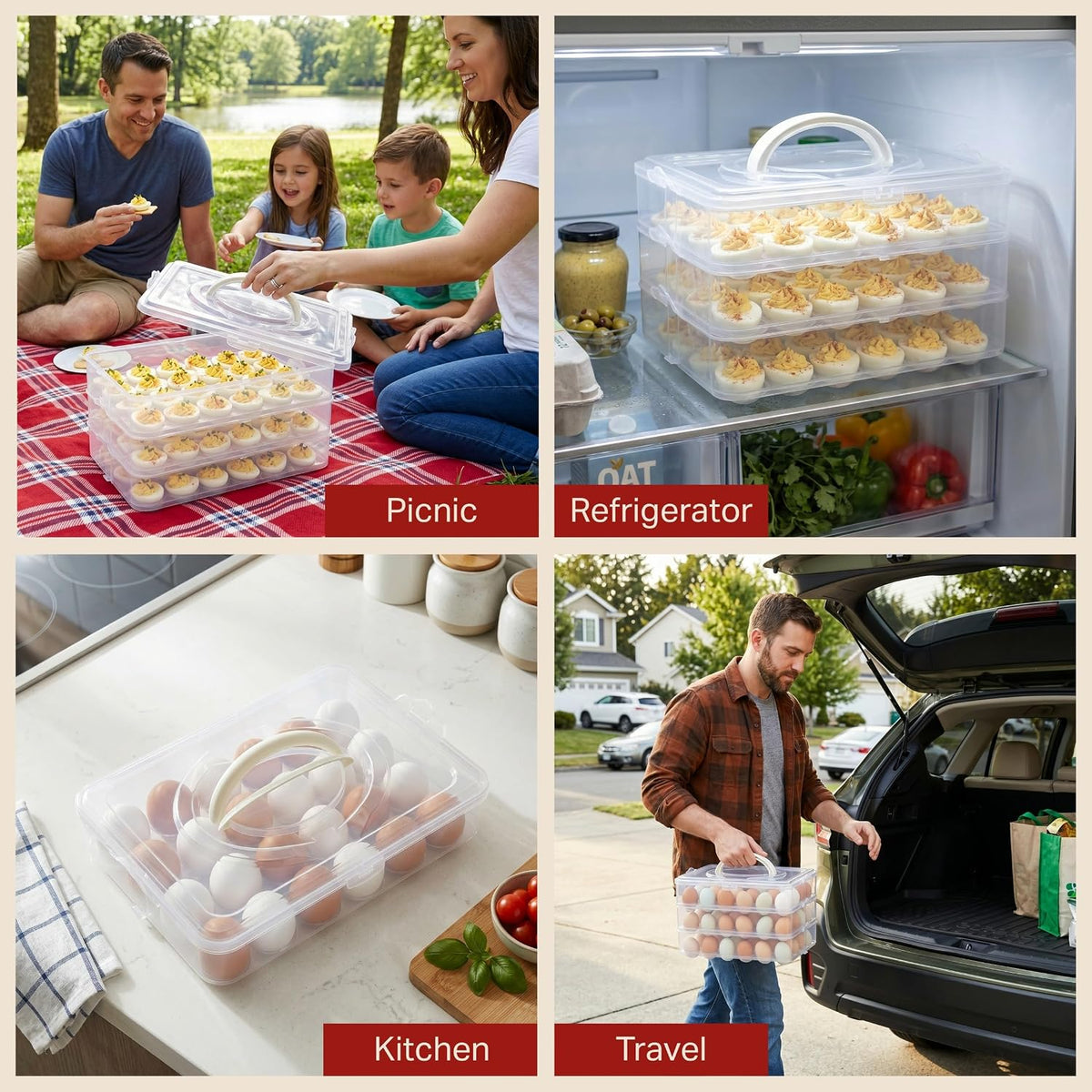 Egg Container for Refrigerator - Large-Capacity Egg Holder with Lid and Handle - Carrier for 72 Fresh, Store Bought or Deviled Eggs by Classic Cuisine