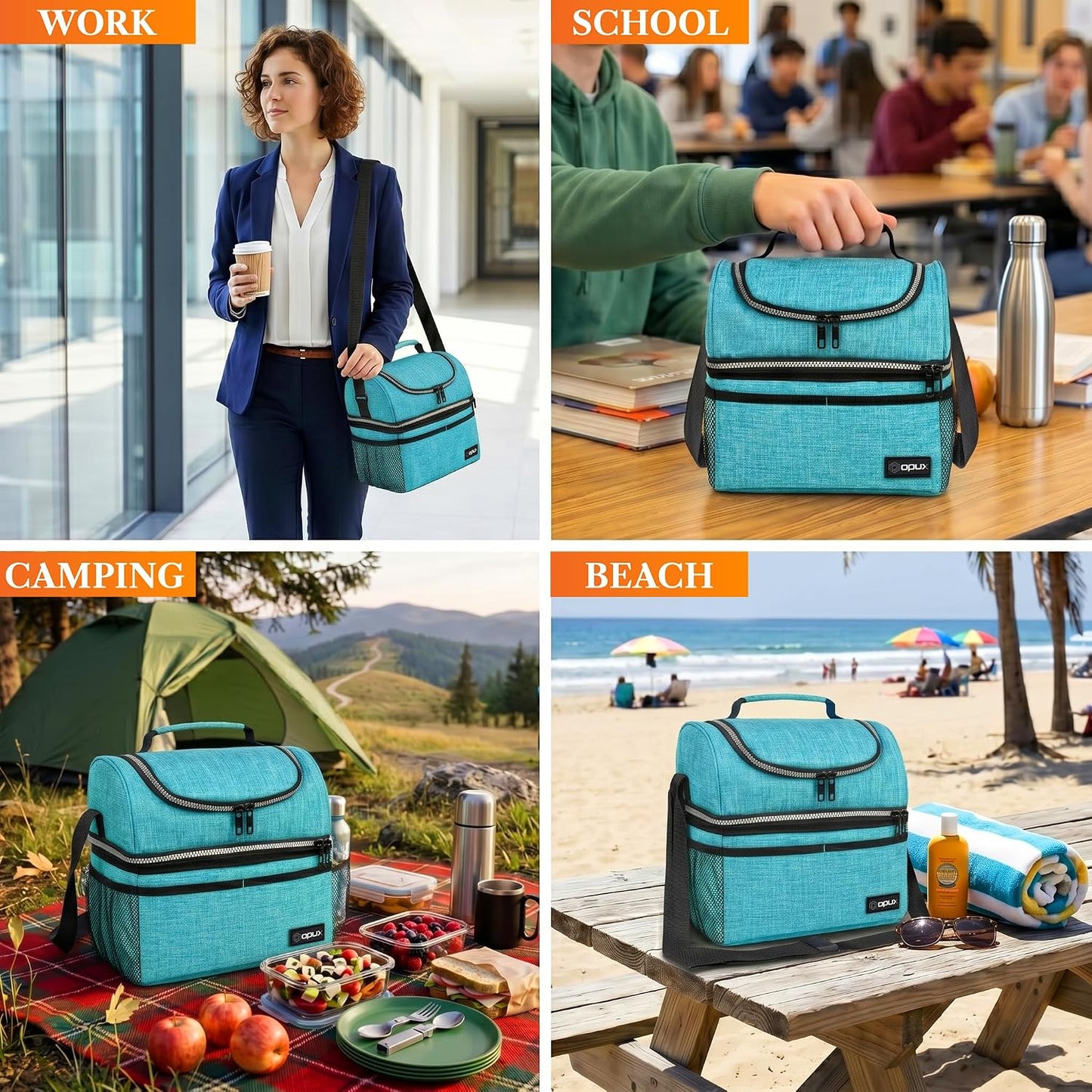 opux Insulated Lunch Bag for Men Women, Double Decker Leakproof Lunch Box Cooler Tote with Shoulder Strap, Large Lunchbox for Work School Travel Meal Prep, Adults Kids Boys Girls, Green, 16 Cans