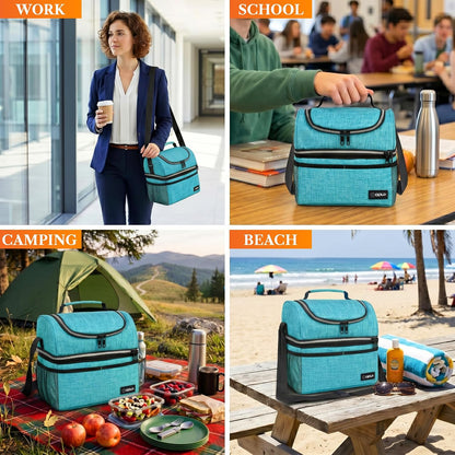 opux Insulated Lunch Bag for Men Women, Double Decker Leakproof Lunch Box Cooler Tote with Shoulder Strap, Large Lunchbox for Work School Travel Meal Prep, Adults Kids Boys Girls, Green, 16 Cans
