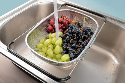 Over the Sink Strainer, Stainless Steel Kitchen Colander with Extendable Arms for Vegetable, Fruits and Pasta (5 quart)