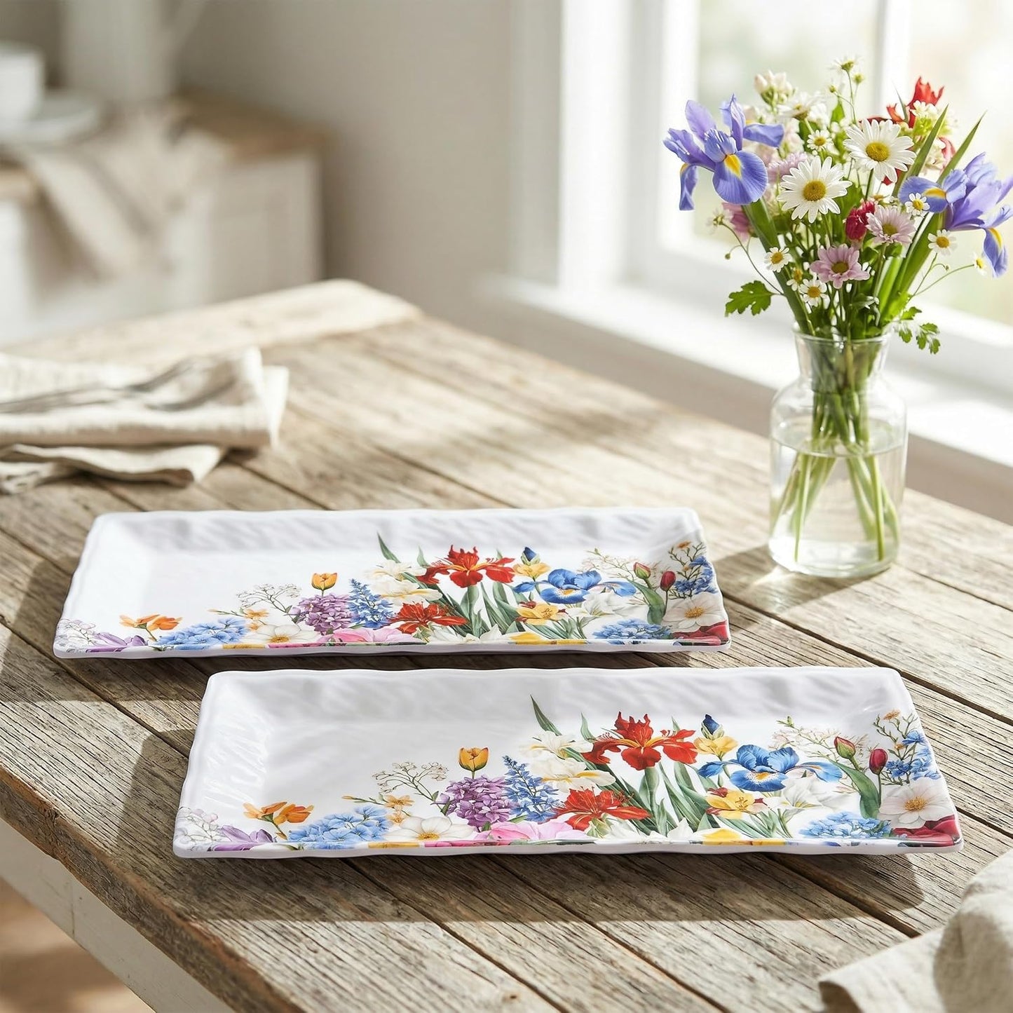 2 pcs Melamine Tray Set with Strawberry Design, 19 Inch and 14.5 Inch Large Serving Plates, Unbreakable Dinnerware for RV, Camping, Party, Easy Clean