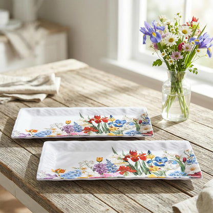 2 pcs Melamine Tray Set with Strawberry Design, 19 Inch and 14.5 Inch Large Serving Plates, Unbreakable Dinnerware for RV, Camping, Party, Easy Clean